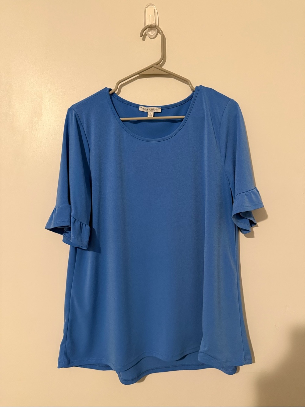 Green Envelope Bright Blue Short Ruffle Sleeve Blouse